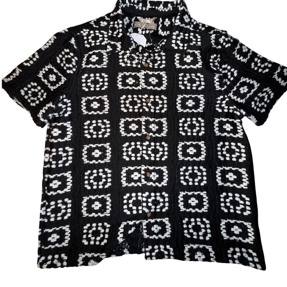 Distortion Mens Black White Geometric Knit Cropped Fit Short Sleeve Shirt Size S